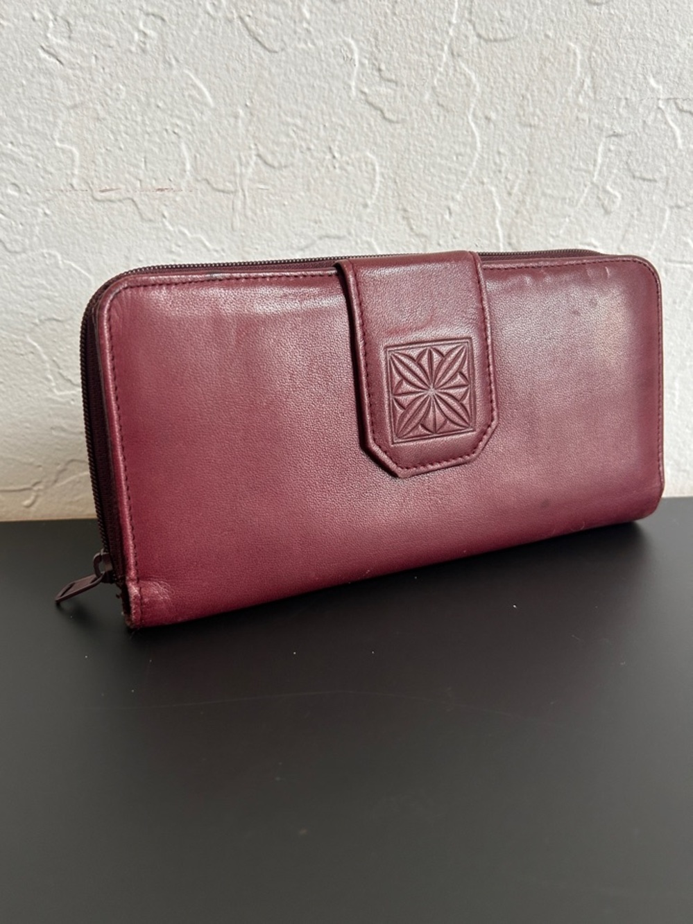 Genuine Cowhide Burgundy Zip-Around Leather Wallet with card organizer